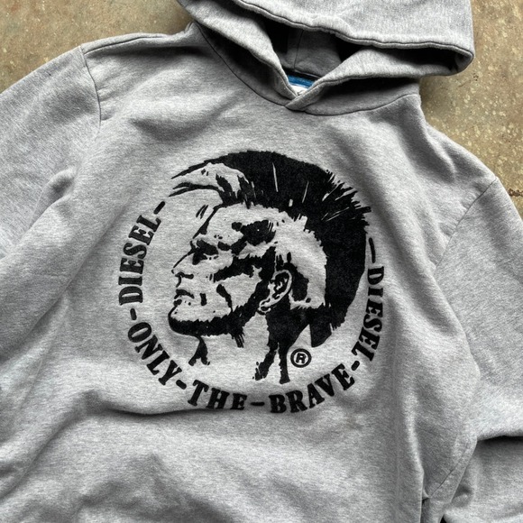 Vintage Diesel Only The Brave Mohawk Graphic Hoodie Mens Large Grey Sweatshirt - Picture 2 of 12